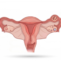 An anatomical illustration of the female reproductive system: uterus with fallopian tubes and ovaries on either side.