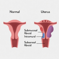 Left: normal uterus; right: uterus with fibroids—submucosal, intramural, and subserosal fibroids labeled.