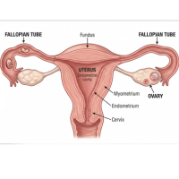 Diagram of the female reproductive system showing the uterus, fallopian tubes, and ovaries with labels for endometrium and myometrium.