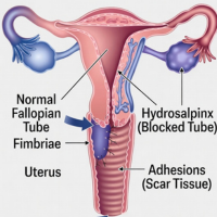 An anatomical diagram of the uterus and fallopian tubes, showing fimbriae, ovaries, a blocked hydrosalpinx, and scar tissue adhesions.