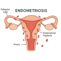 Diagram of the female reproductive system highlighting endometriosis with endometrial implants around the uterus, ovaries, and fallopian tubes.