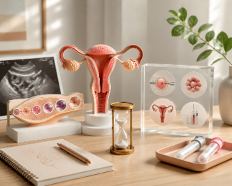 Detailed model of the female reproductive system (uterus, fallopian tubes, ovaries) on a desk with medical supplies nearby.