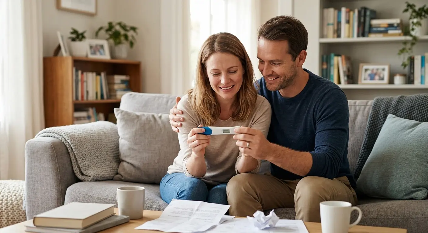 Couple on a living room couch smile as they hold a positive pregnancy test between them.